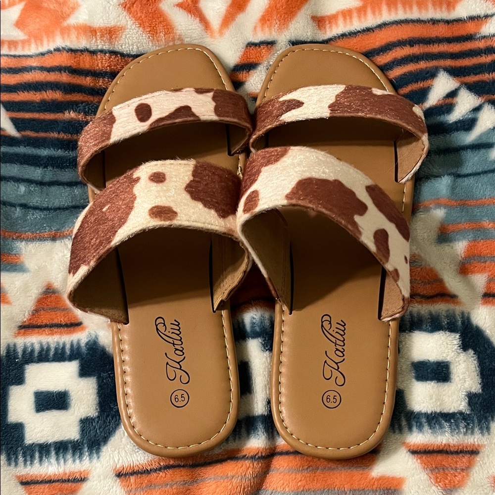 Brown and White Cowhide Women's Sandals